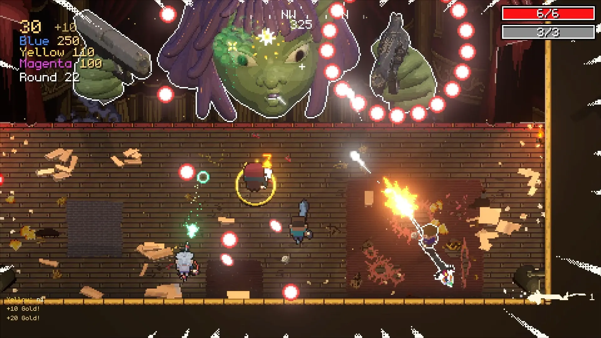 A giant zombie head with two pistols looms over the theatre stage as a ring of bullets closes in.