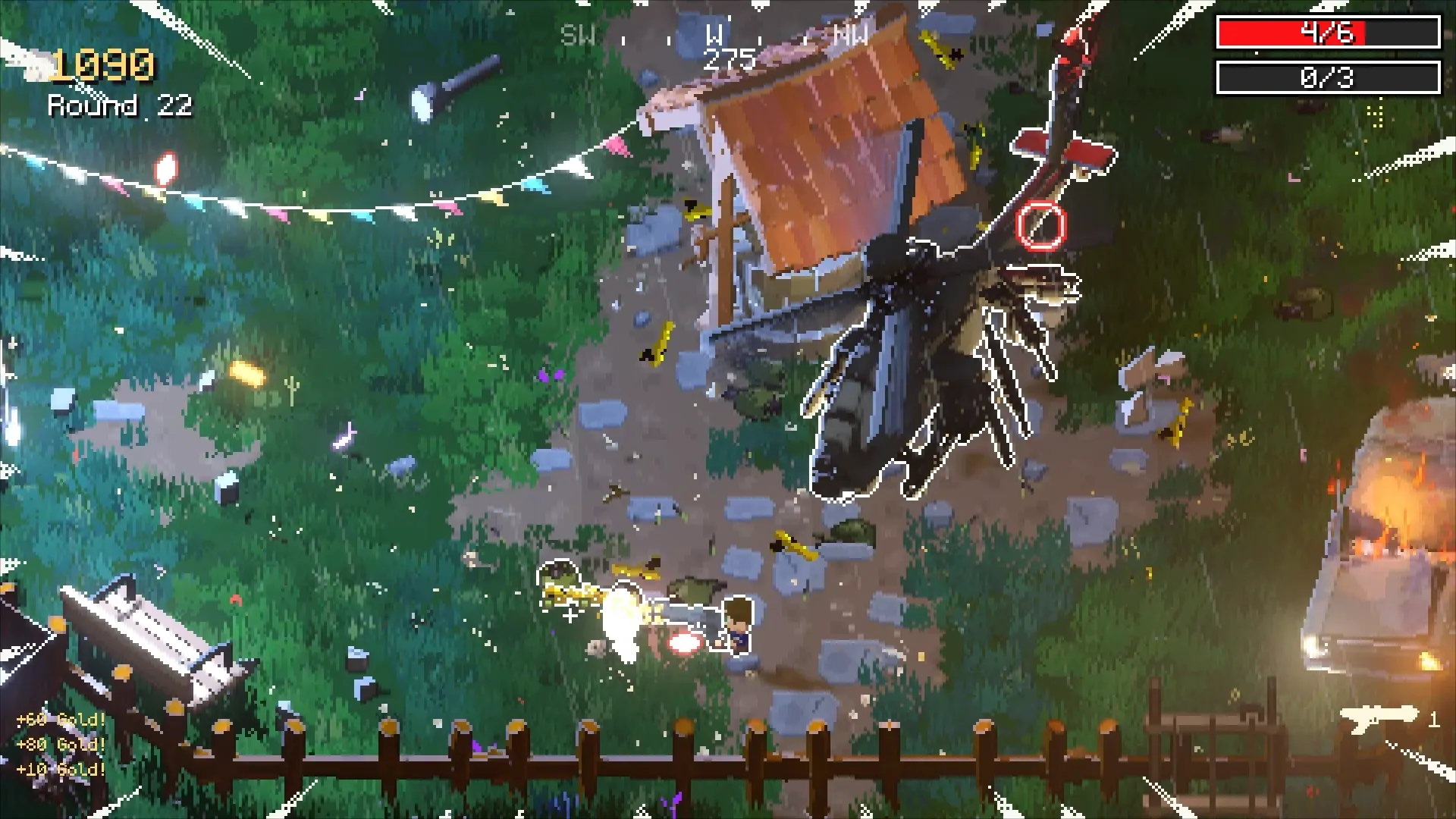 Survivors gun down zombies as a helicopter circles the old well.